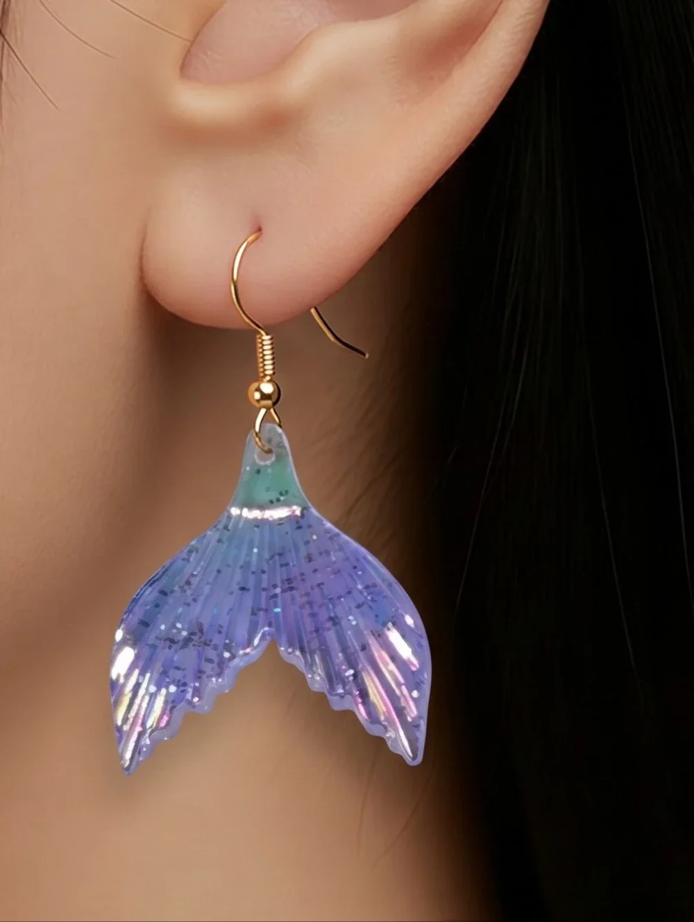 Iridescent Purple Mermaid Tail Earrings Glitter Dangle Ocean Fantasy Jewelry NWT